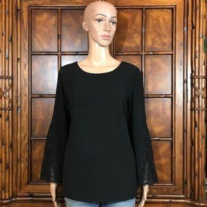 Black Crochet Lace Bell Sleeve Stretch Crepe Top